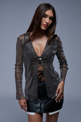 AN ELEGANT EVENING RHINESTONE MESH COLLARED BLOUSE