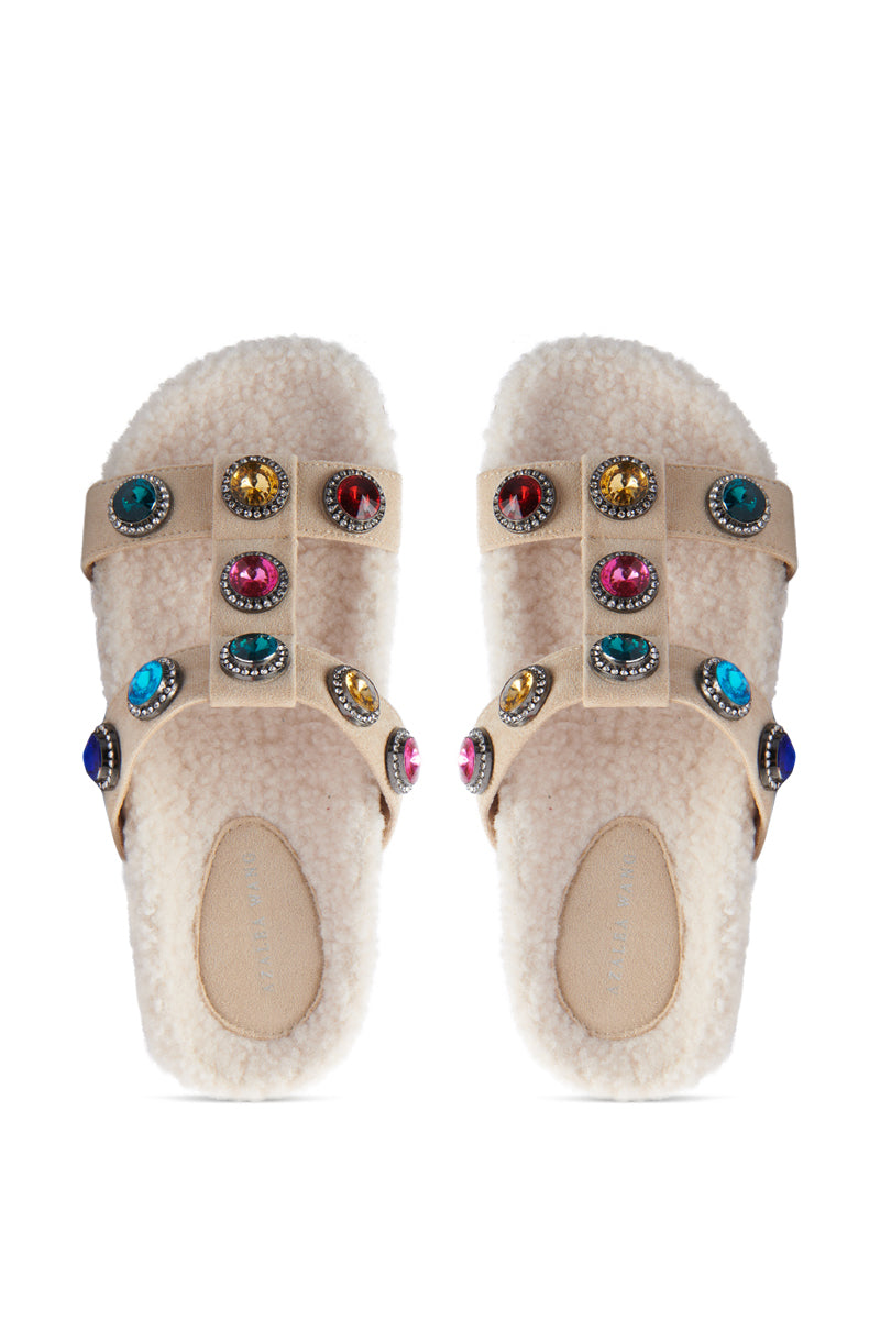 AZALEA WANG LUCIENA BEIGE RHINESTONE AND SHERPA SANDAL