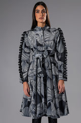 ABSTRACT PRINT BELTED LONG SLEEVE MINI DRESS