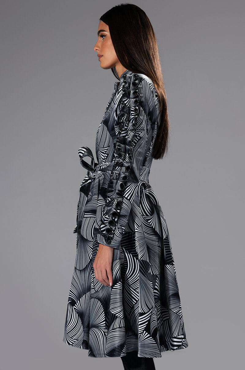 ABSTRACT PRINT BELTED LONG SLEEVE MINI DRESS