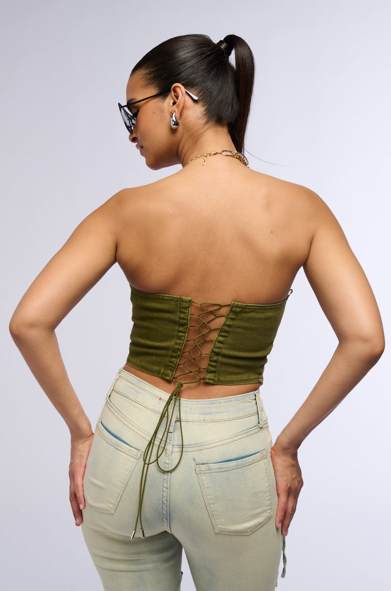 APPLY PRESSURE MINERAL WASH DENIM CORSET TOP