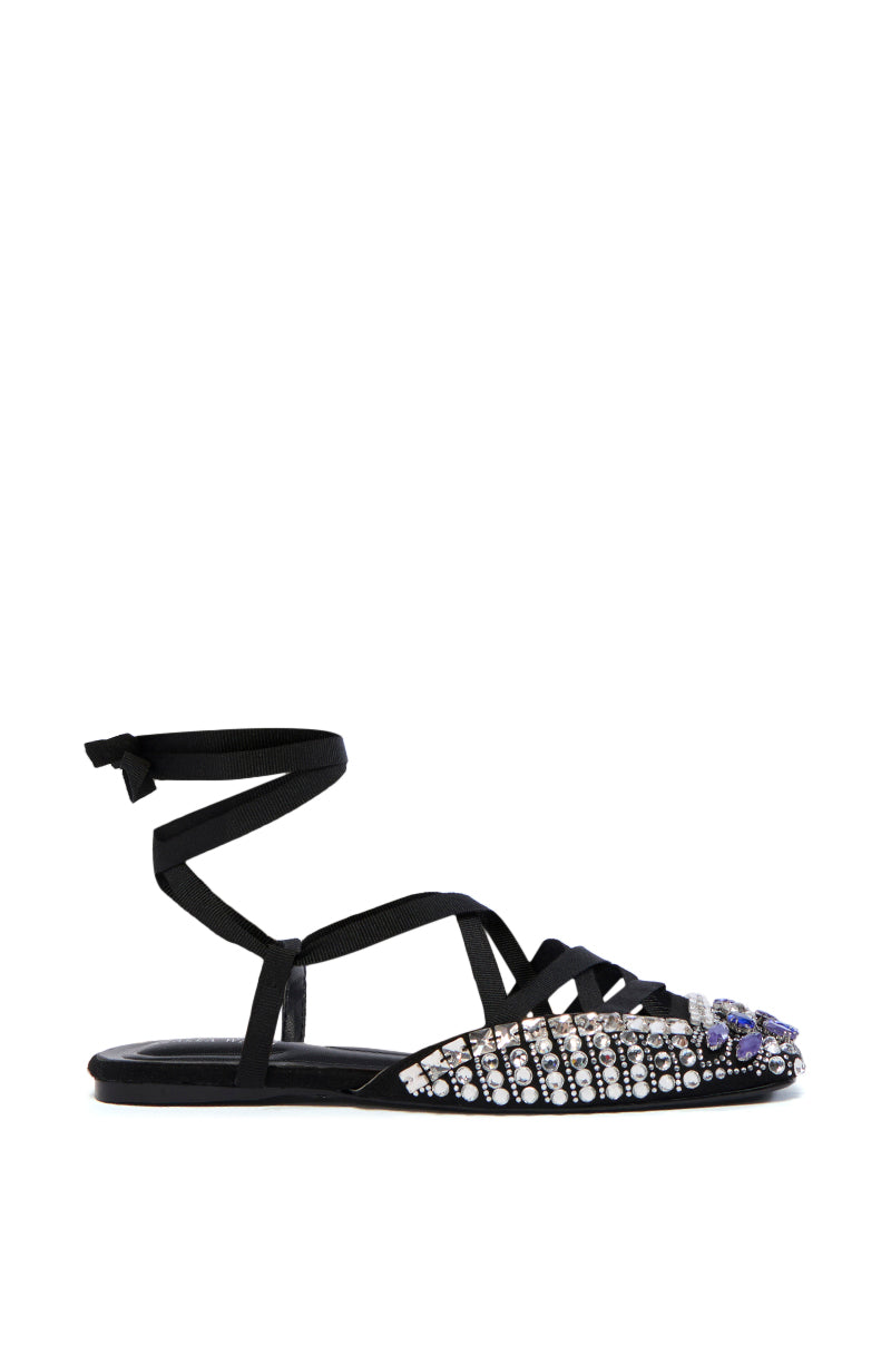 AZALEA WANG NELSIE BLACK EMBELLISHED LACE UP FLAT