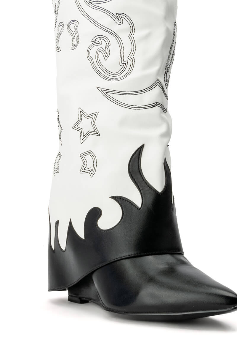 AZALEA WANG OUTLAND WESTERN WEDGE BOOT IN BLACK WHITE