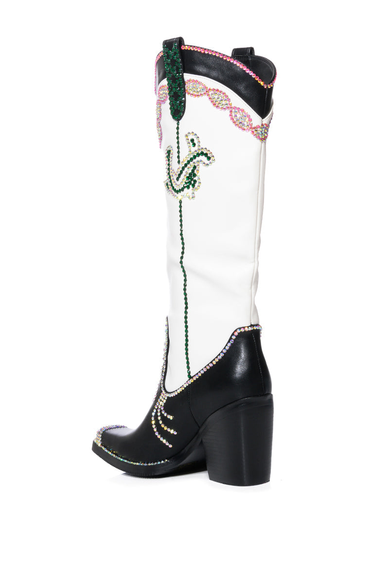 AZALEA WANG PALM BLACK AND WHITE PU WESTERN BOOT